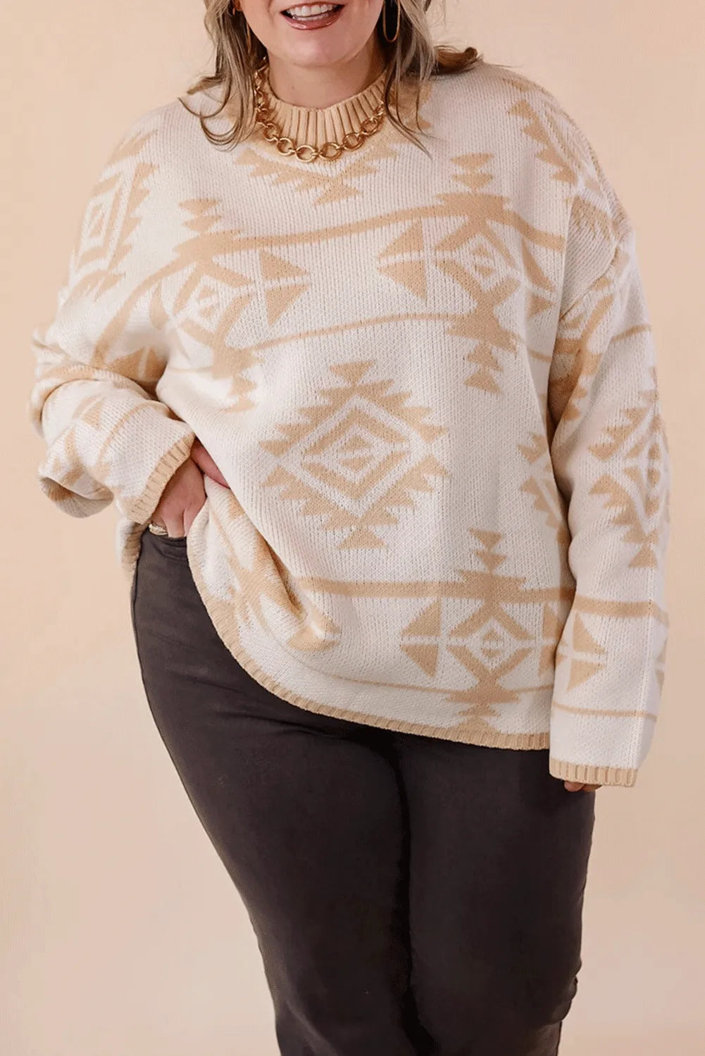 Apricot Plus Size Western Aztec Print Loose Sweater - Chic Meadow Boutique 