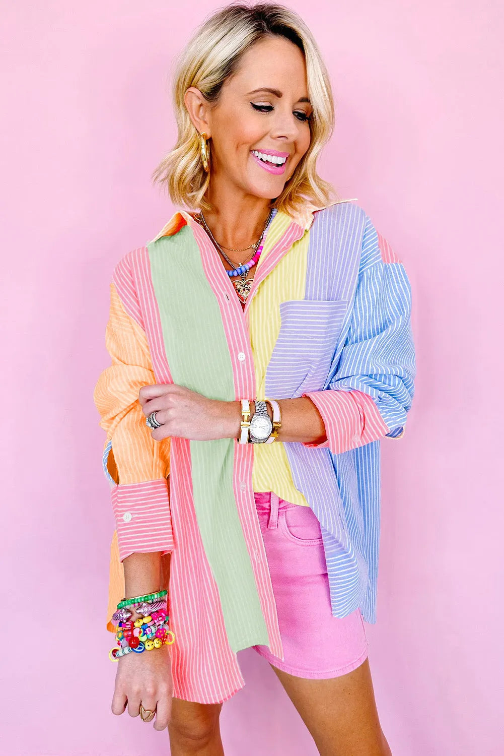 Pink Stripe Color Block Chest Pocket Oversized Shirt - Chic Meadow Boutique 