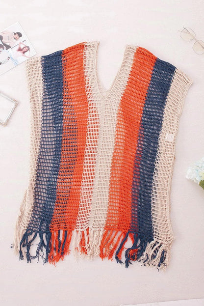 Swimwear/Beach Cover-ups Multicolor Striped Tassel Crochet V Neck Beach Cover Up