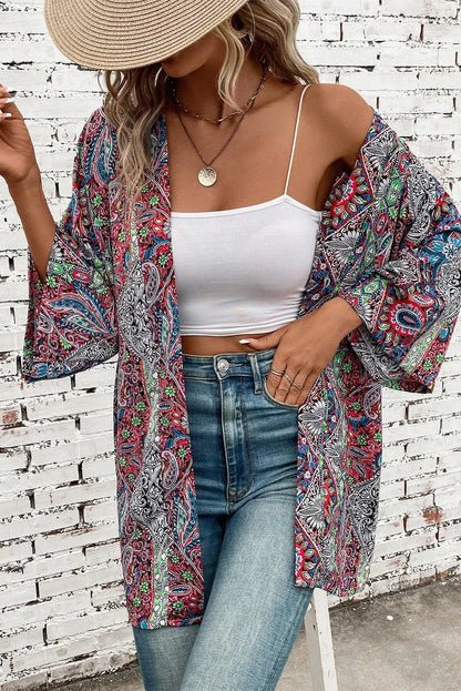 Red Paisley Print Open Front Kimono - Chic Meadow Boutique 