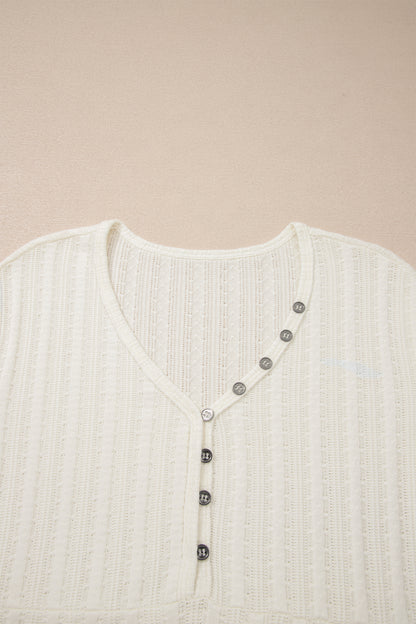 White Solid Color Textured Button V Neck Raw Seam Henley Tee