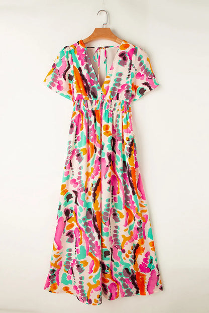 Pink Boho Tie-dye Print V Neck Maxi Dress - Chic Meadow Boutique 