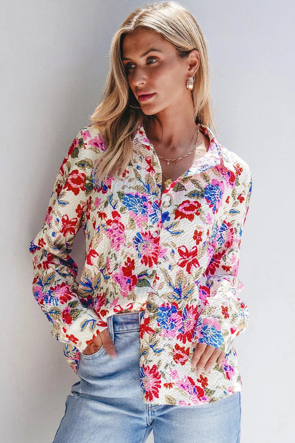 Red Floral Print Slim Fit Buttoned Turn Down Collar Shirt - Chic Meadow Boutique 