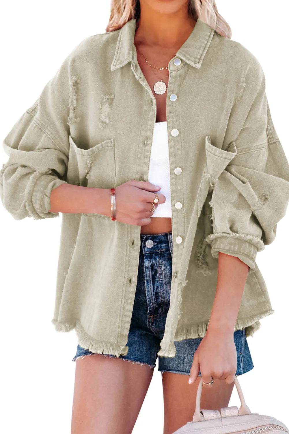 Green Distressed Fringe Trim Denim Jacket - Chic Meadow Boutique 