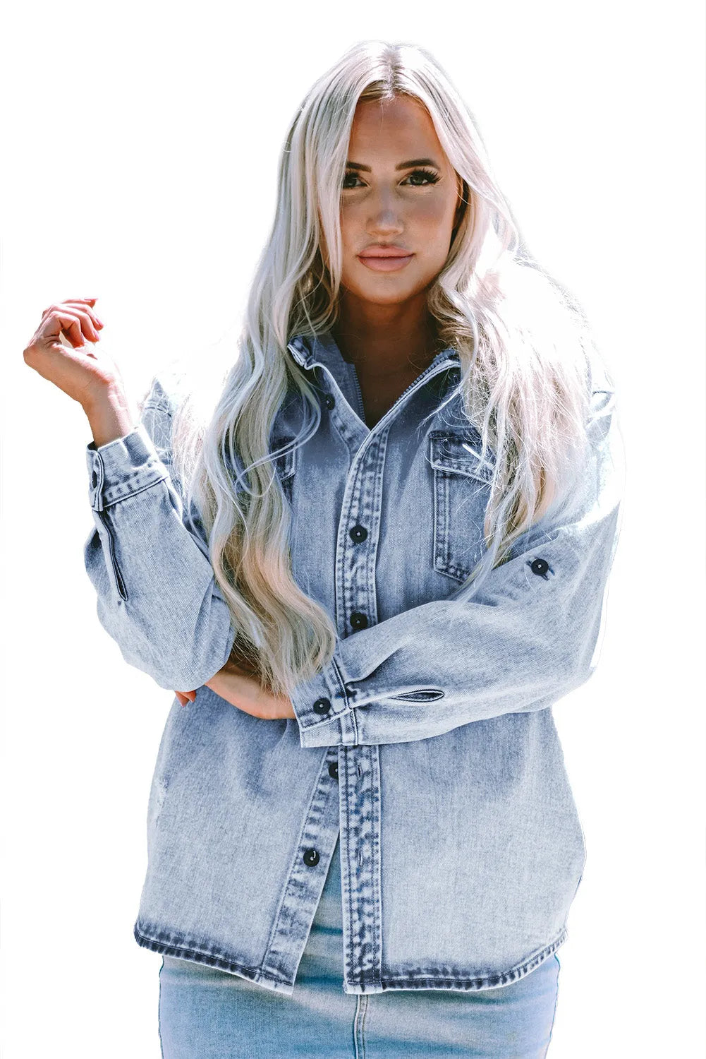 Mist Blue Oversized Contrast Hooded Denim Jacket - Chic Meadow Boutique 