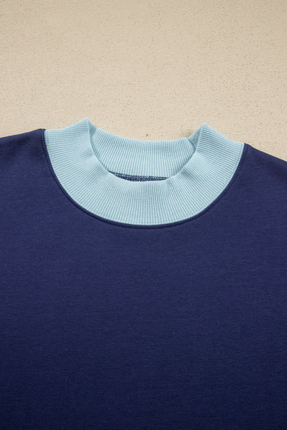 Dirty blue Colorblock Trim Crewneck Long Sleeve Pullover Sweatshirt