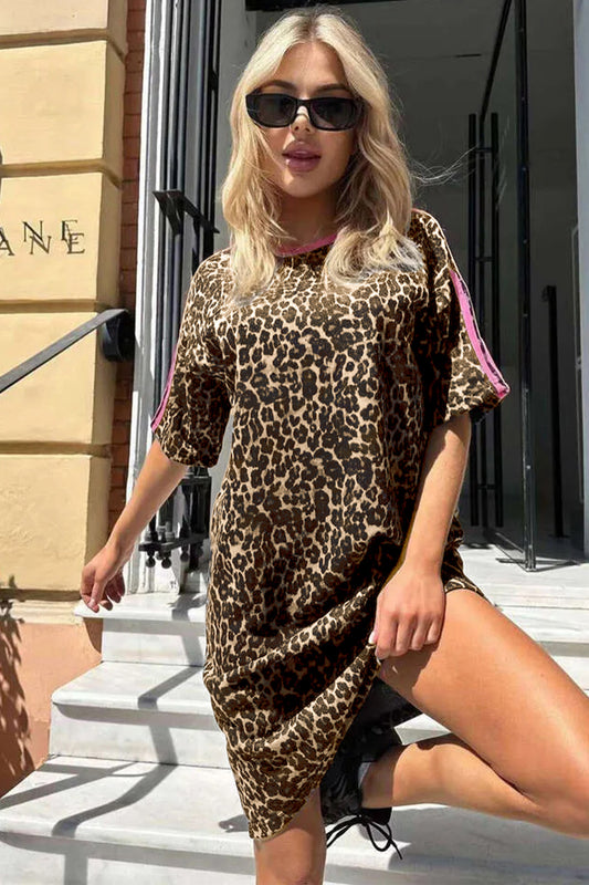 Apricot Leopard Print Contrast Varsity Striped Detail Loose T Shirt Dress