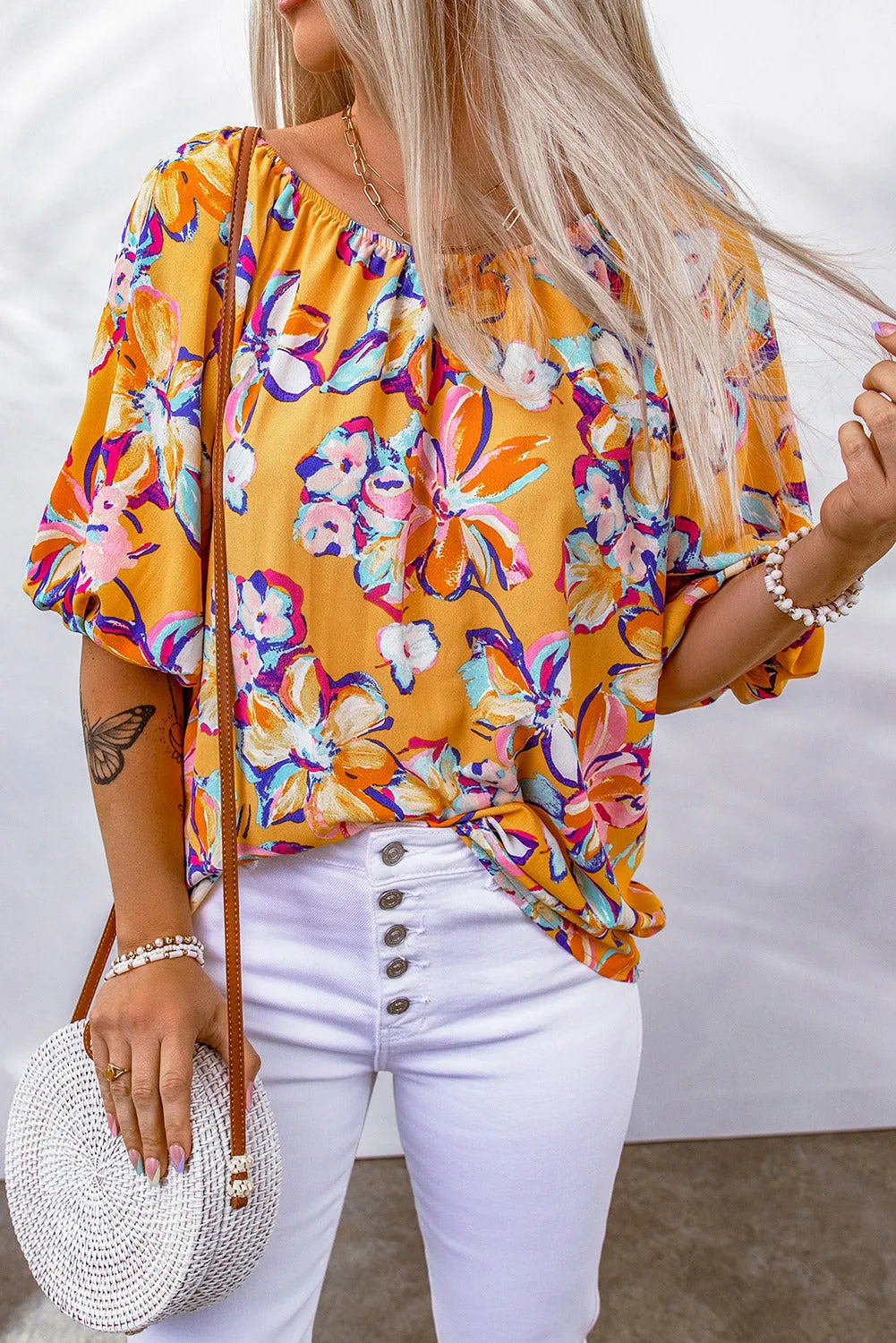 Yellow Floral Print Elastic Neckline Blouse - Chic Meadow Boutique 