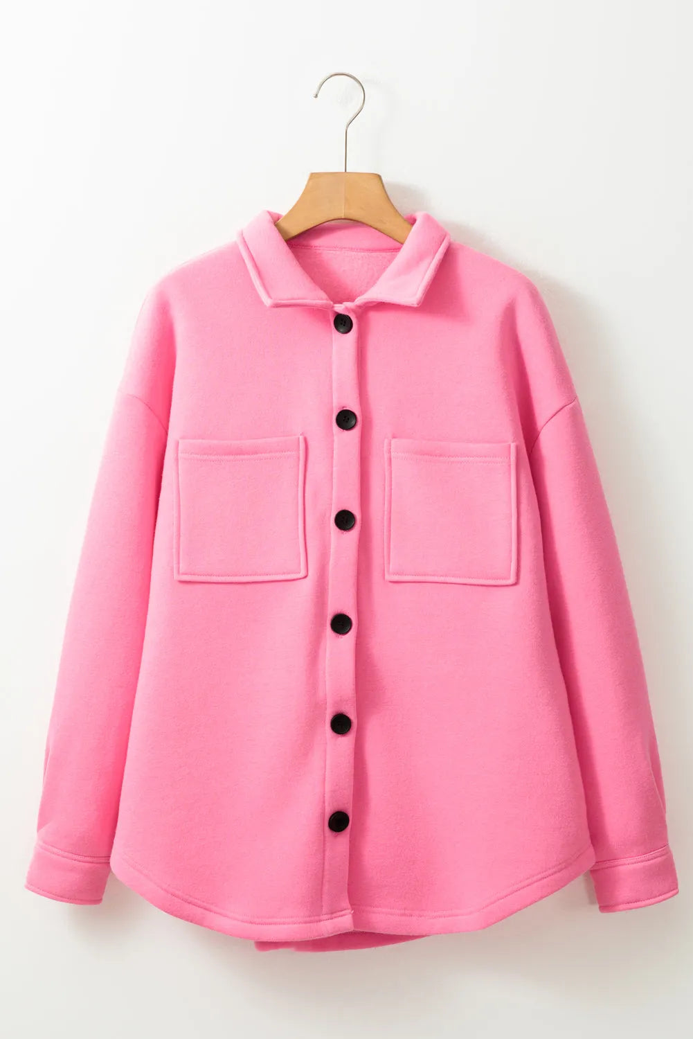 Pink Solid Color Pocketed Button up Long Sleeve Shacket - Chic Meadow Boutique 