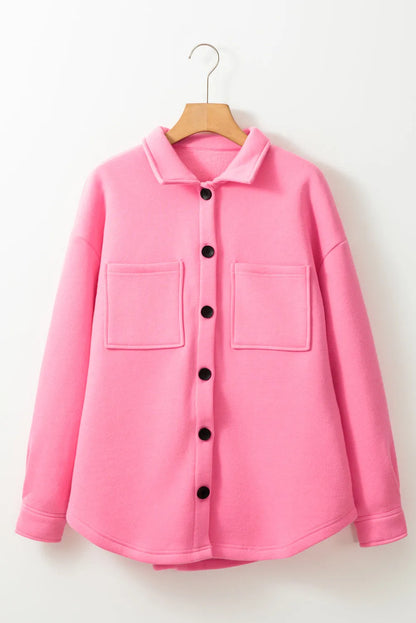 Pink Solid Color Pocketed Button up Long Sleeve Shacket - Chic Meadow Boutique 