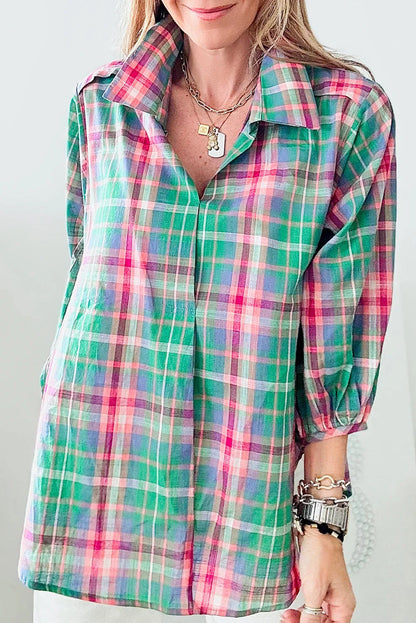 Green Checkered 3/4 Sleeve Collared Loose Fit Shirt - Chic Meadow Boutique 