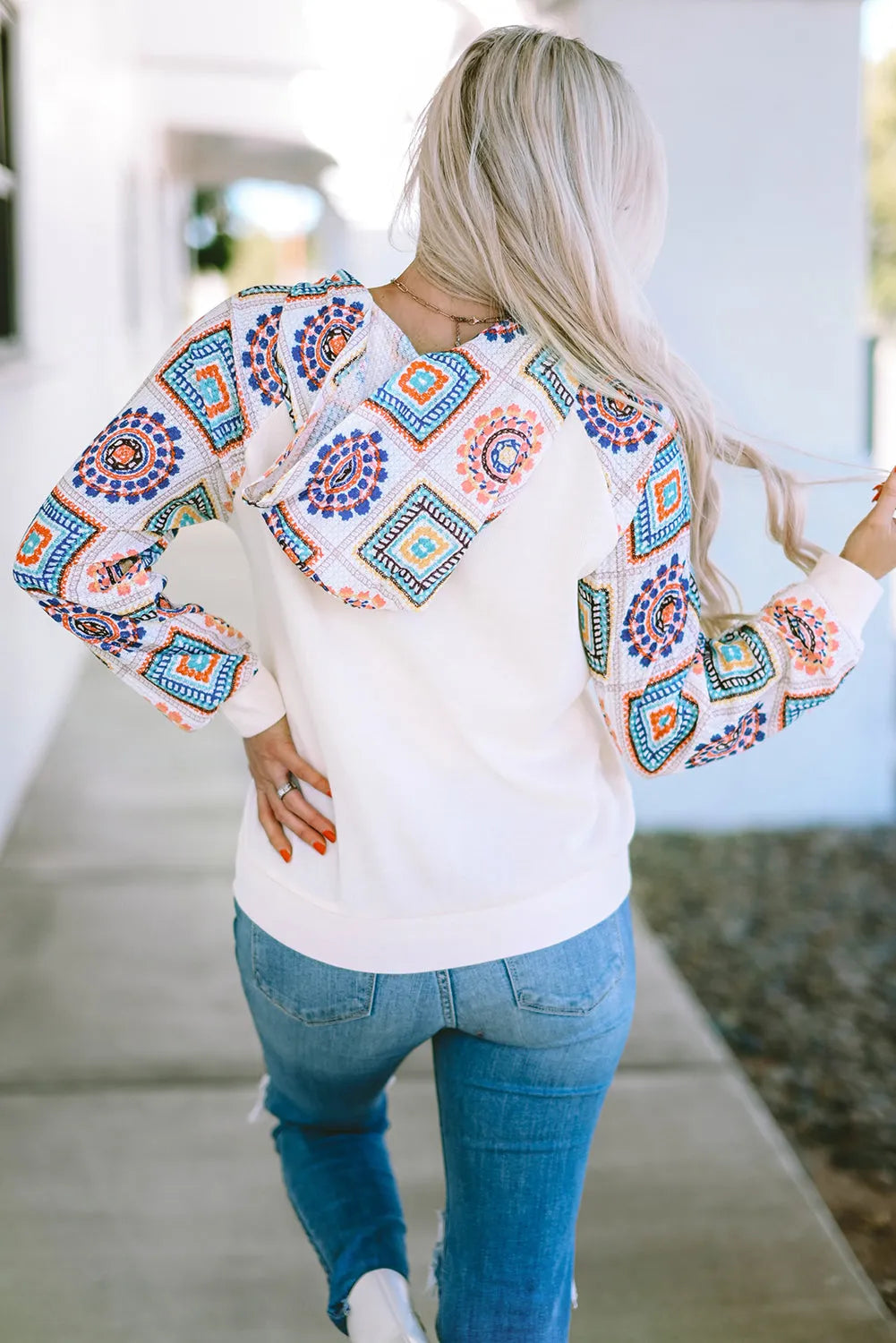 White Geometric Patchwork Raglan Sleeve Henley Hoodie - Chic Meadow Boutique 