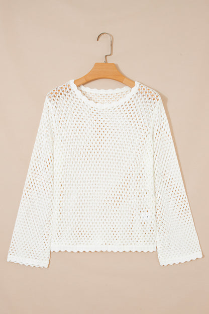 White Scalloped Trim Hollow Out Knit Long Sleeve Top