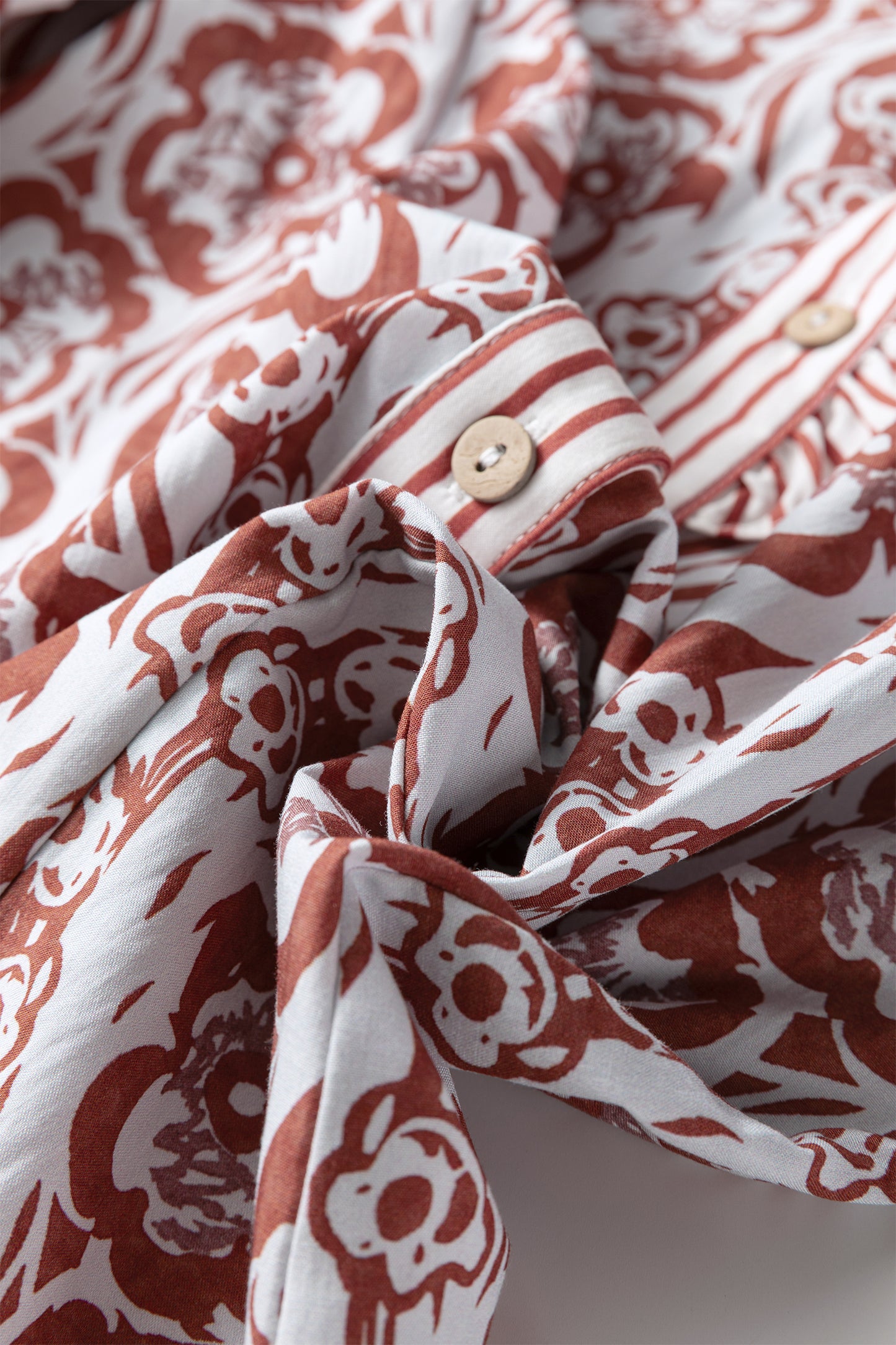 Floral Print Frilled Striped Trim Button Down Smocked Cuffs Long Sleeve Shirt