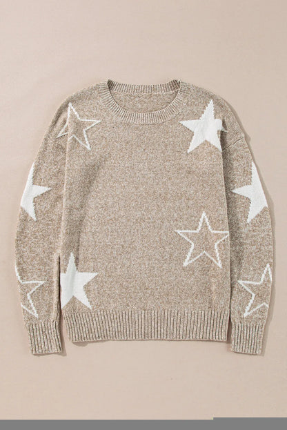 Khaki Star Pattern Drop Shoulder Sweater - Chic Meadow Boutique 