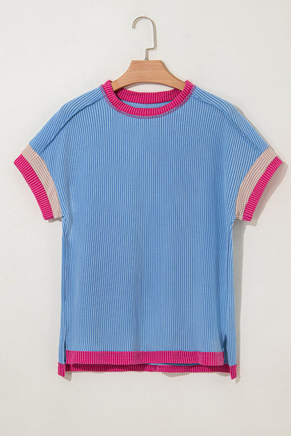 Sky Blue Textured Contrast Trim Round Neck T Shirt