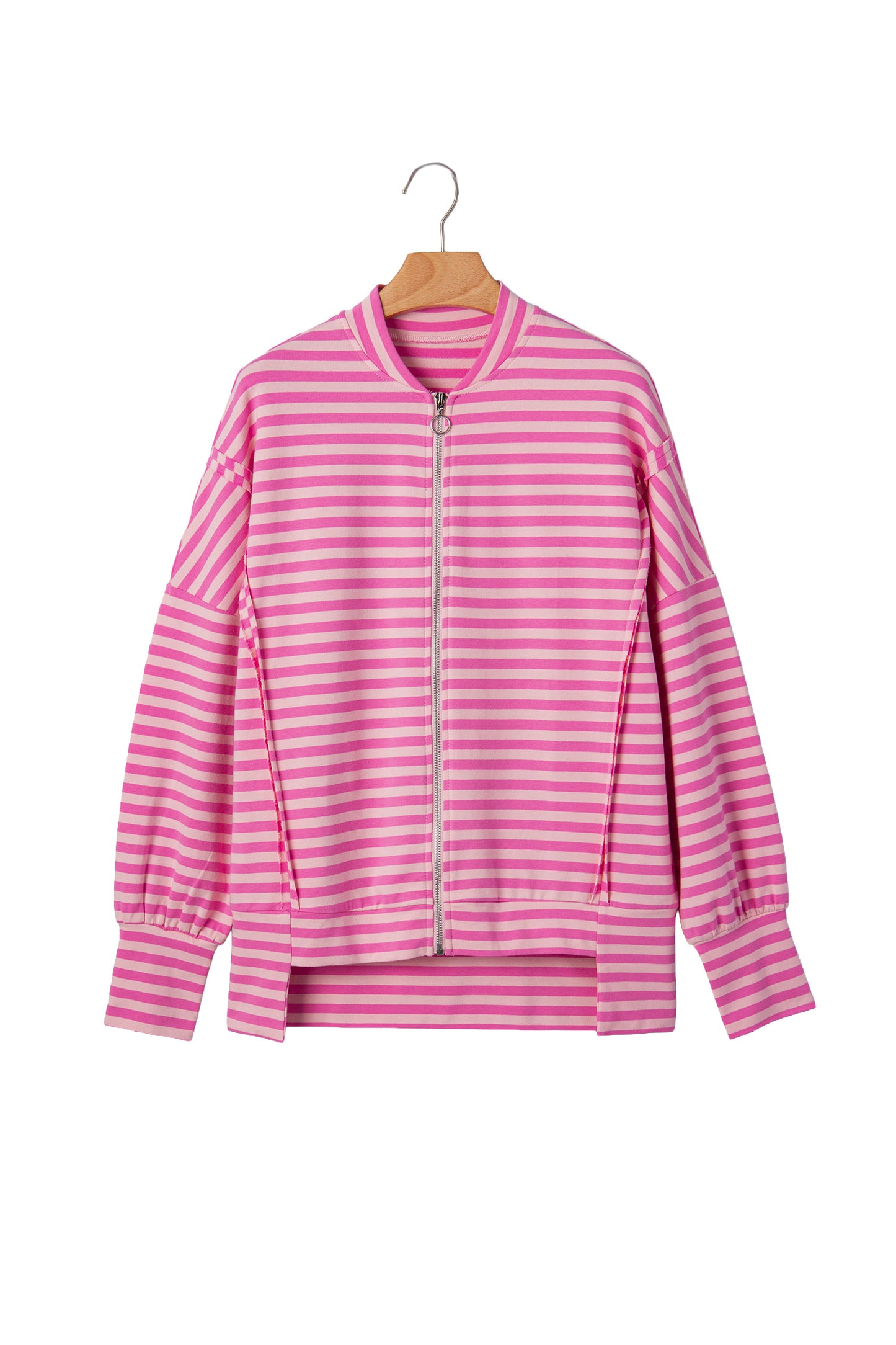 Pink Stripe Zip-up Puff Sleeve Zip Jacket Sweatshirt
