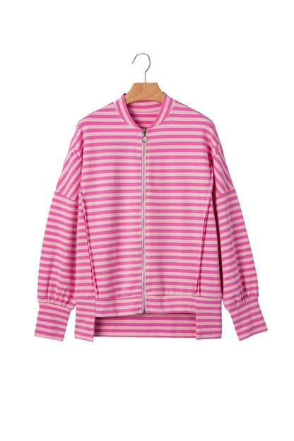 Pink Stripe Zip-up Puff Sleeve Zip Jacket Sweatshirt