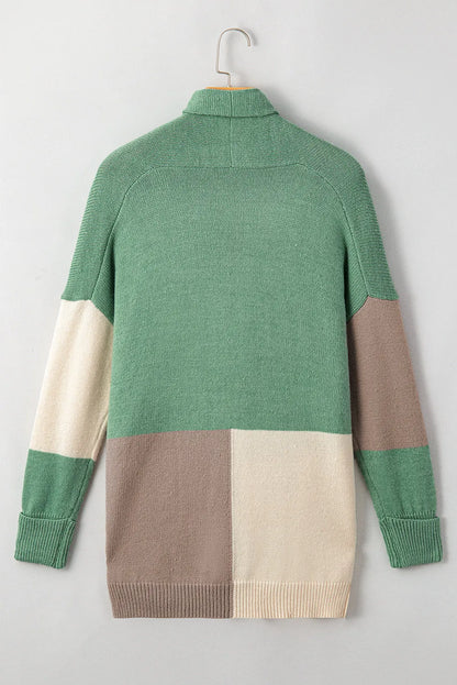 Green Colorblock Draped Open Front Chunky Cardigan - Chic Meadow Boutique 