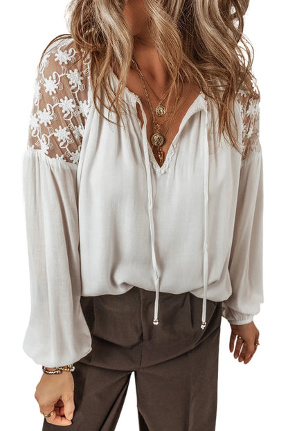 White Floral Lace Patchwork Puff Sleeve Tied V Neck Blouse - Chic Meadow Boutique 