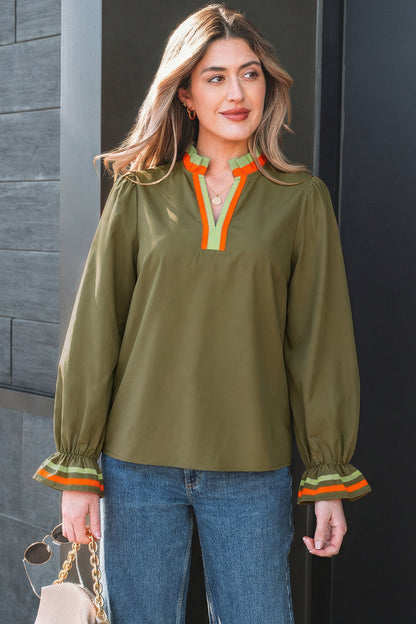 Four Leaf Clover Striped Trim Ruffle Split Neck Long Sleeve Blouse