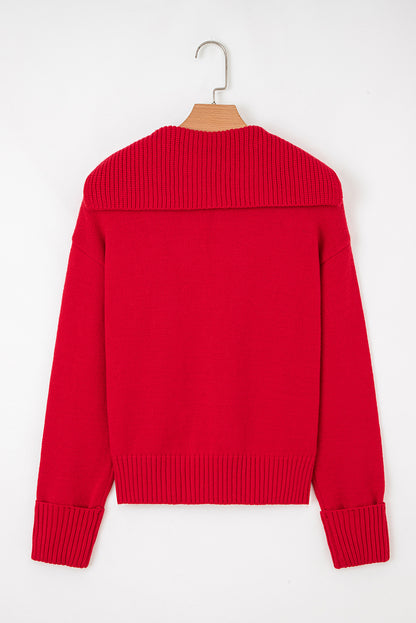 Racing Red Collared V Neck Ribbed Edge Sexy Elegant Sweater