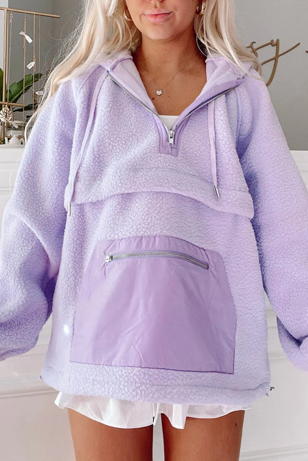 Lavendula Zipped Patch Pocket Fuzzy Drawstring Hoodie - Chic Meadow Boutique 