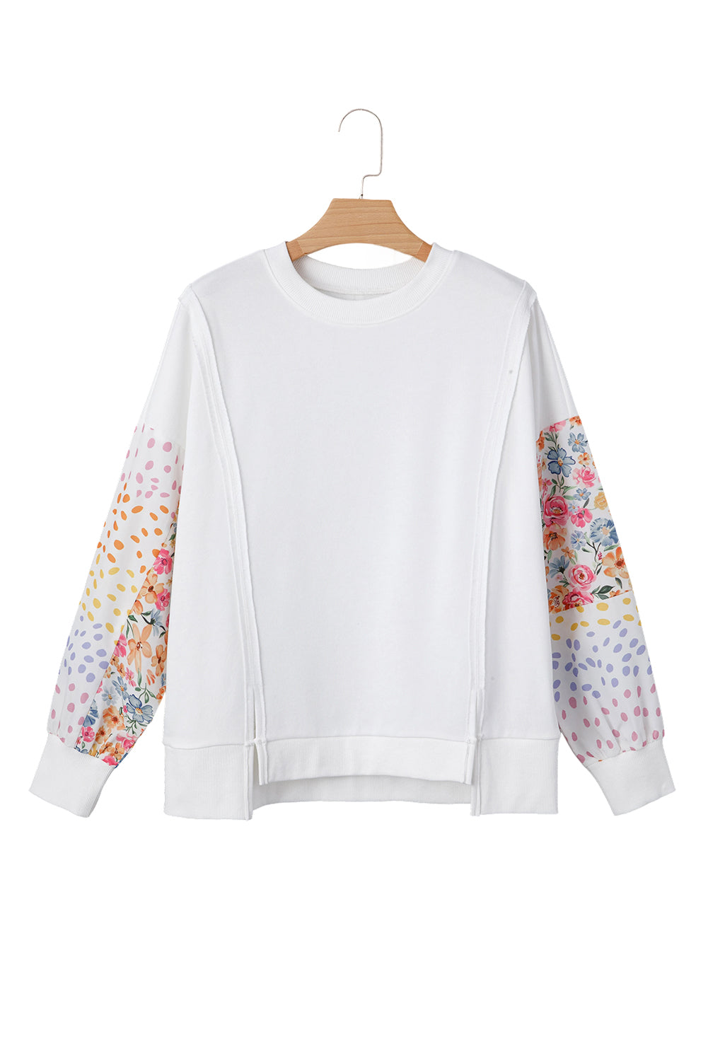 White Floral Dotted Mixed Print Patchwork Sleeve High Low Casual Sweatshirt