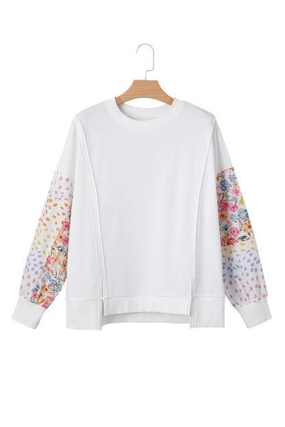 White Floral Dotted Mixed Print Patchwork Sleeve High Low Casual Sweatshirt