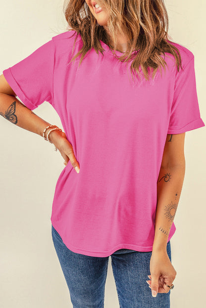 Sachet Pink Bright Casual Plain Crew Neck Tee
