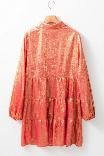 Peach Blossom Metallic Sheen Puff Sleeve Button Up Mini Shirt Dress - Chic Meadow Boutique 