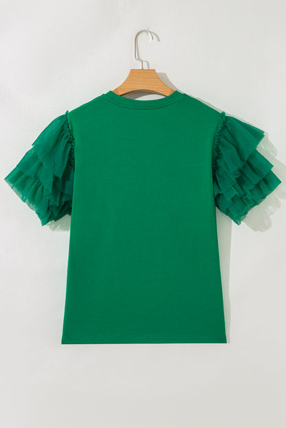 Dark Green Tulle Ruffle Sleeve Blouse