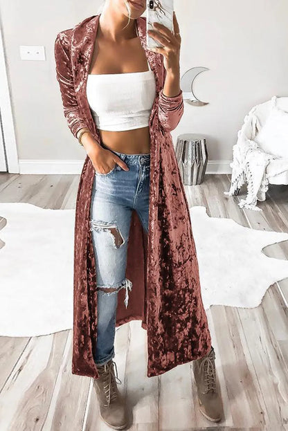 Pink Lapel Open Front Duster Velvet Cardigan - Chic Meadow Boutique 