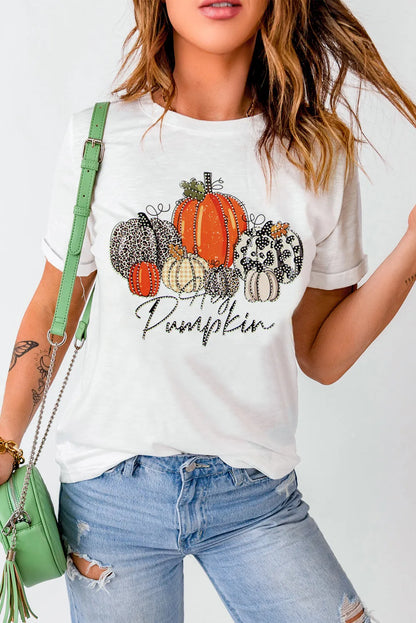 White Rhinestone Hey Pumpkin Graphic Thanksgiving Tee - Chic Meadow Boutique 