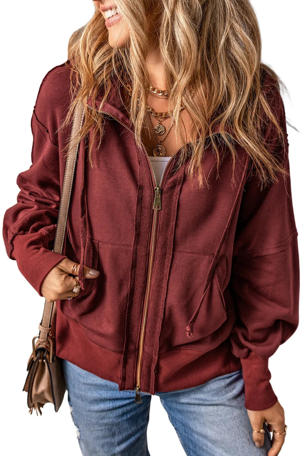 Brown Raw Edge Exposed Seam Full Zip Hoodie - Chic Meadow Boutique 