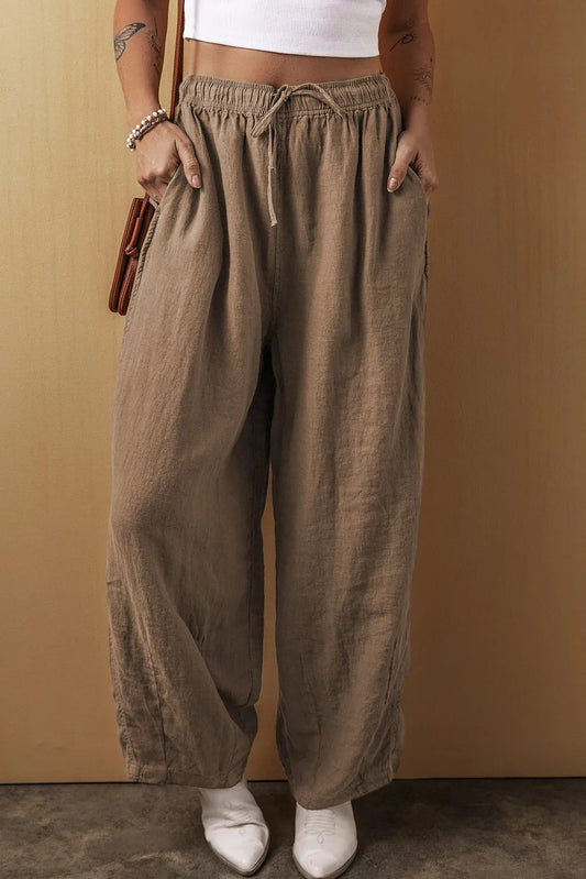 Desert Palm Cotton Linen Drawstring Waist Wide Leg Pants - Chic Meadow Boutique 