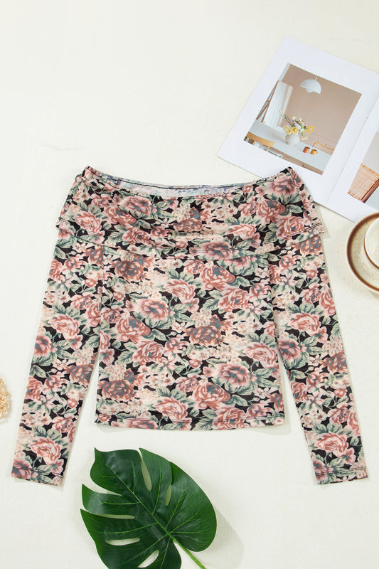 Black Floral Print Mesh Long Sleeve Foldover Off Shoulder Top