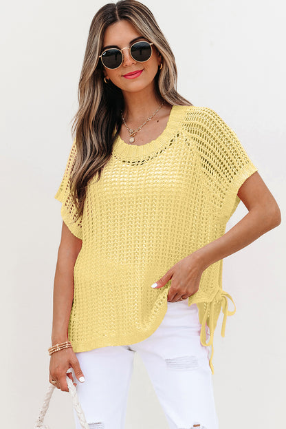 Yellow Cream Hollow-out Crochet Side Tied Short Sleeve Sweater