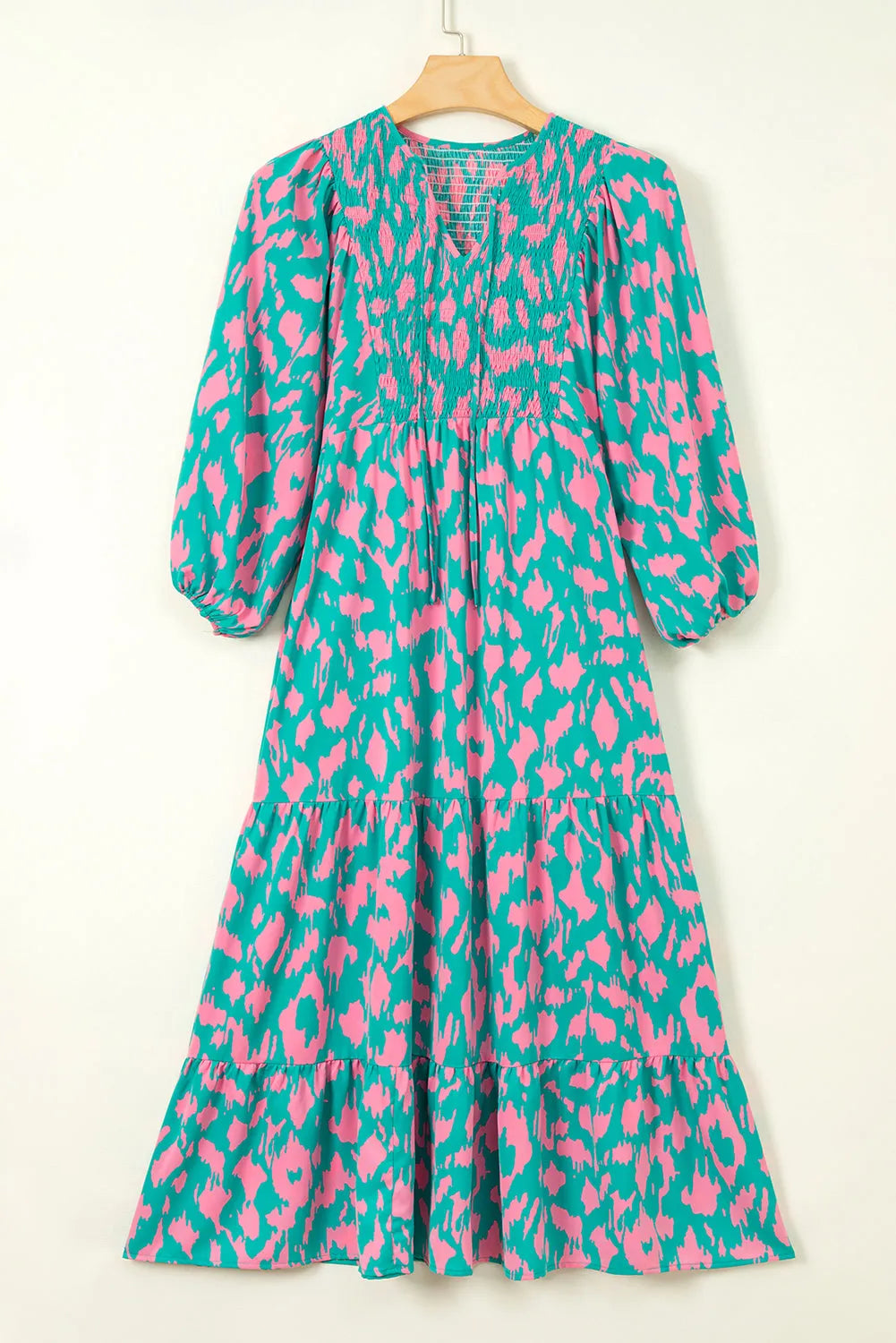 Green Abstract Print Puff Sleeve Tied Notched Neck Long Dress - Chic Meadow Boutique 