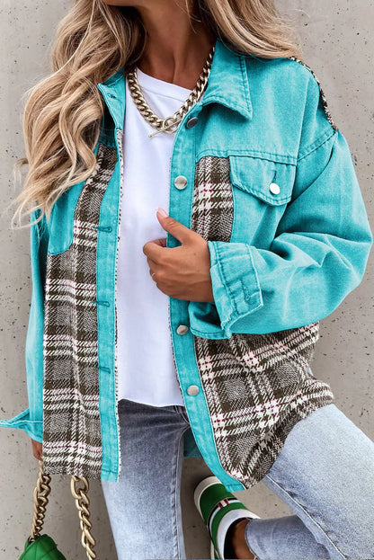 Sky Blue Plaid Patchwork Pockets Denim Jacket - Chic Meadow Boutique 