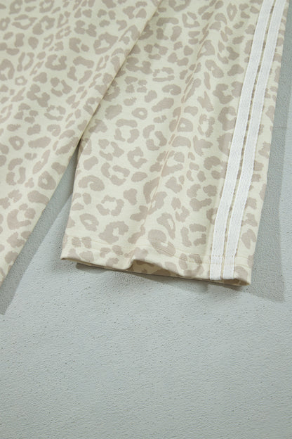 Apricot Leopard Print Varsity Striped Detail 3/4 Sleeve Top Shift Pant Set