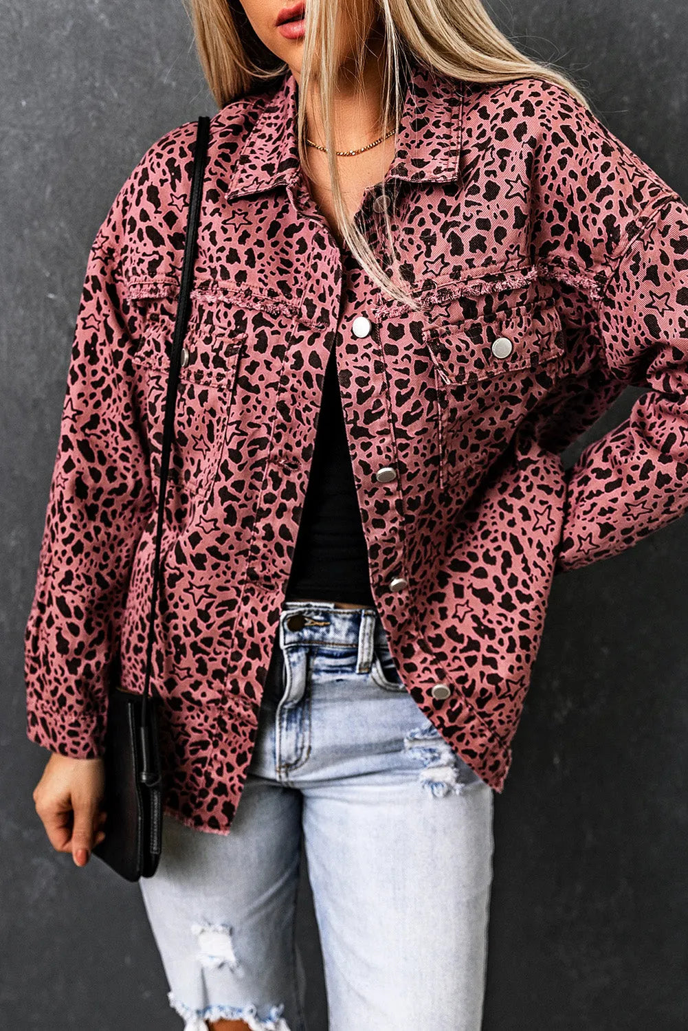 Pink Stars & Animal Spots Print Button Up Denim Shacket - Chic Meadow Boutique 