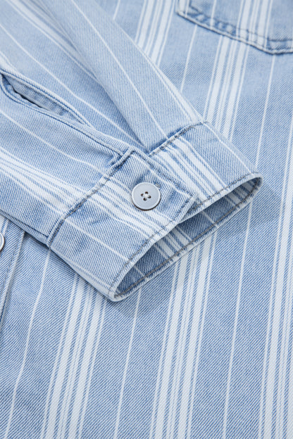 Sky Blue Stripe Boyfriend Chest Pocket Classic Denim Shacket