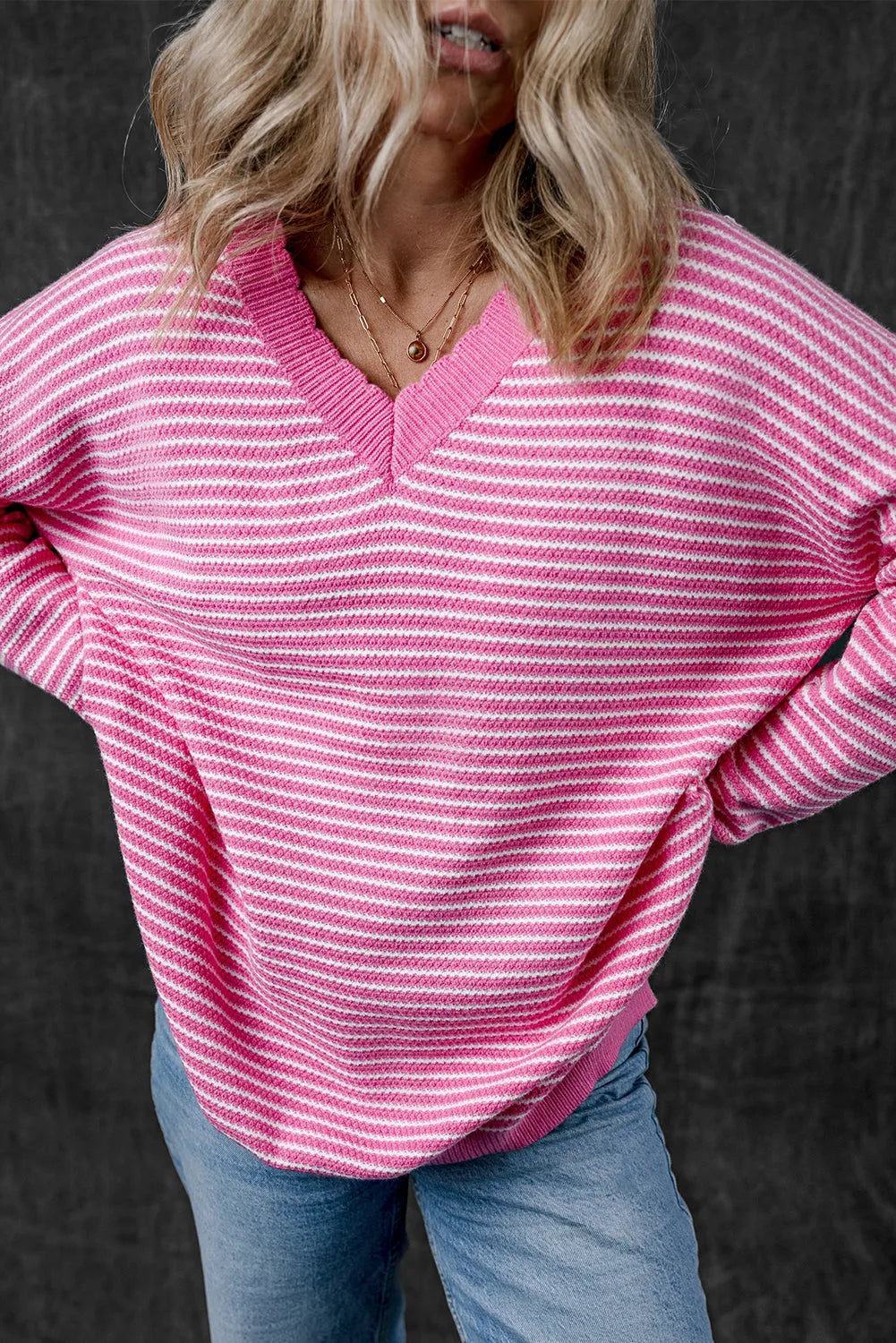 Pink Striped Scallop V Neck Loose Sweater with Slits - Chic Meadow Boutique 