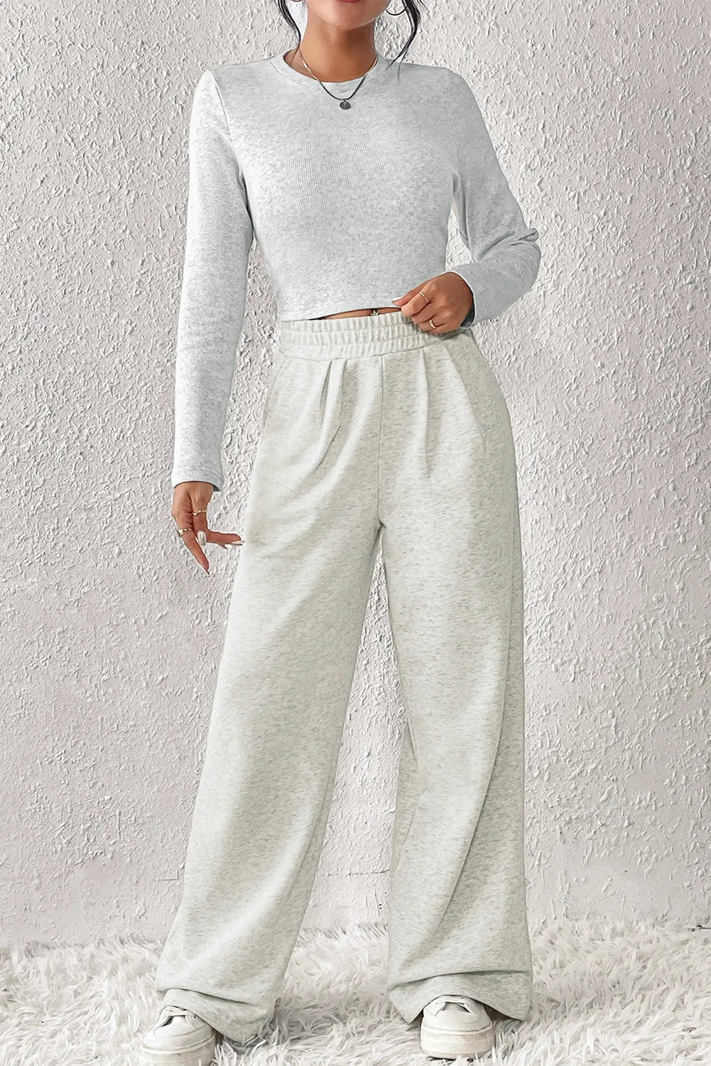 Beige Crop Top and Wide Leg Pants Two Piece Set - Chic Meadow Boutique 