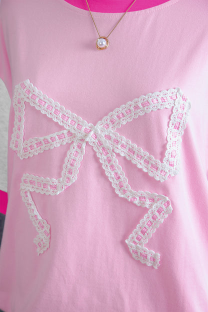 Gossamer Pink Embroidered Bow Detail Color Block Loose Tee
