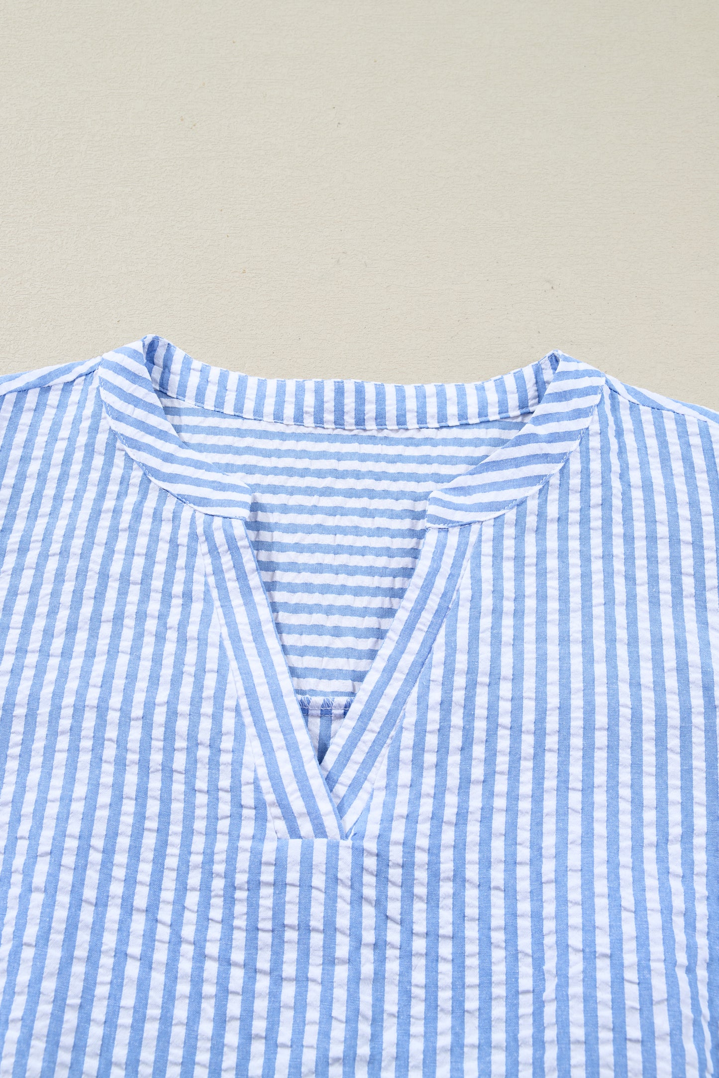 Sky Blue Stripe Seersucker Textured Notched Neck Long Puff Sleeve Tiered Curvy Dress