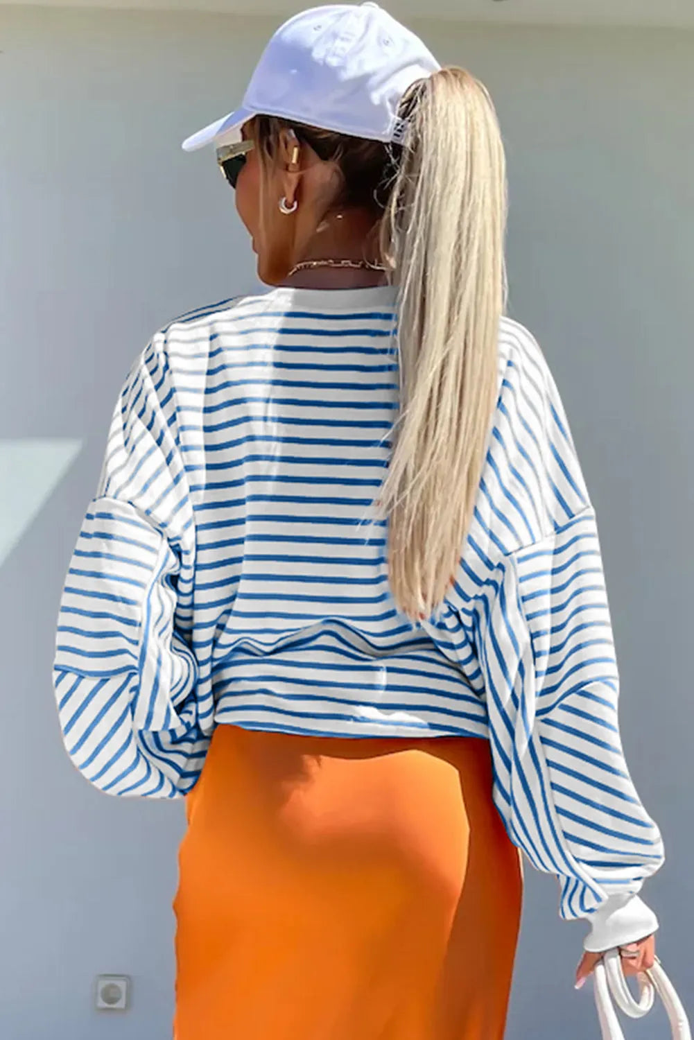 Blue Stripe Drop Shoulder Crew Neck Loose Sweatshirt - Chic Meadow Boutique 