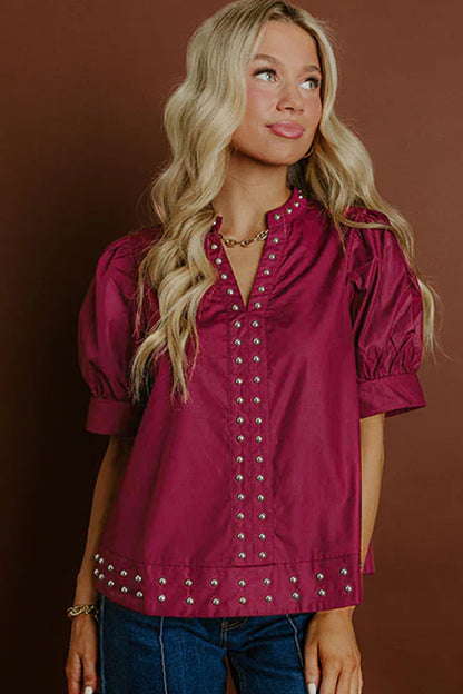 Burgundy Rivet Embellished V Neck Short Puff Sleeve Blouse