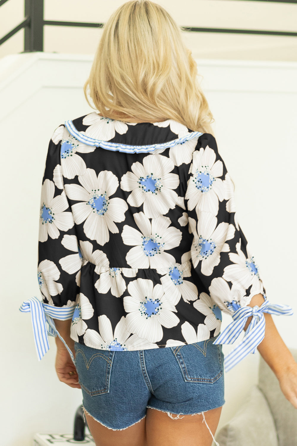 Black Floral Print Striped Tie Sleeve Collared V Neck Blouse